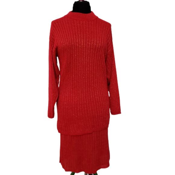 Mathias Dresses & Skirts - Vintage Mathias Red and Silver Metallic Knit Sweater Skirt Suit Medium